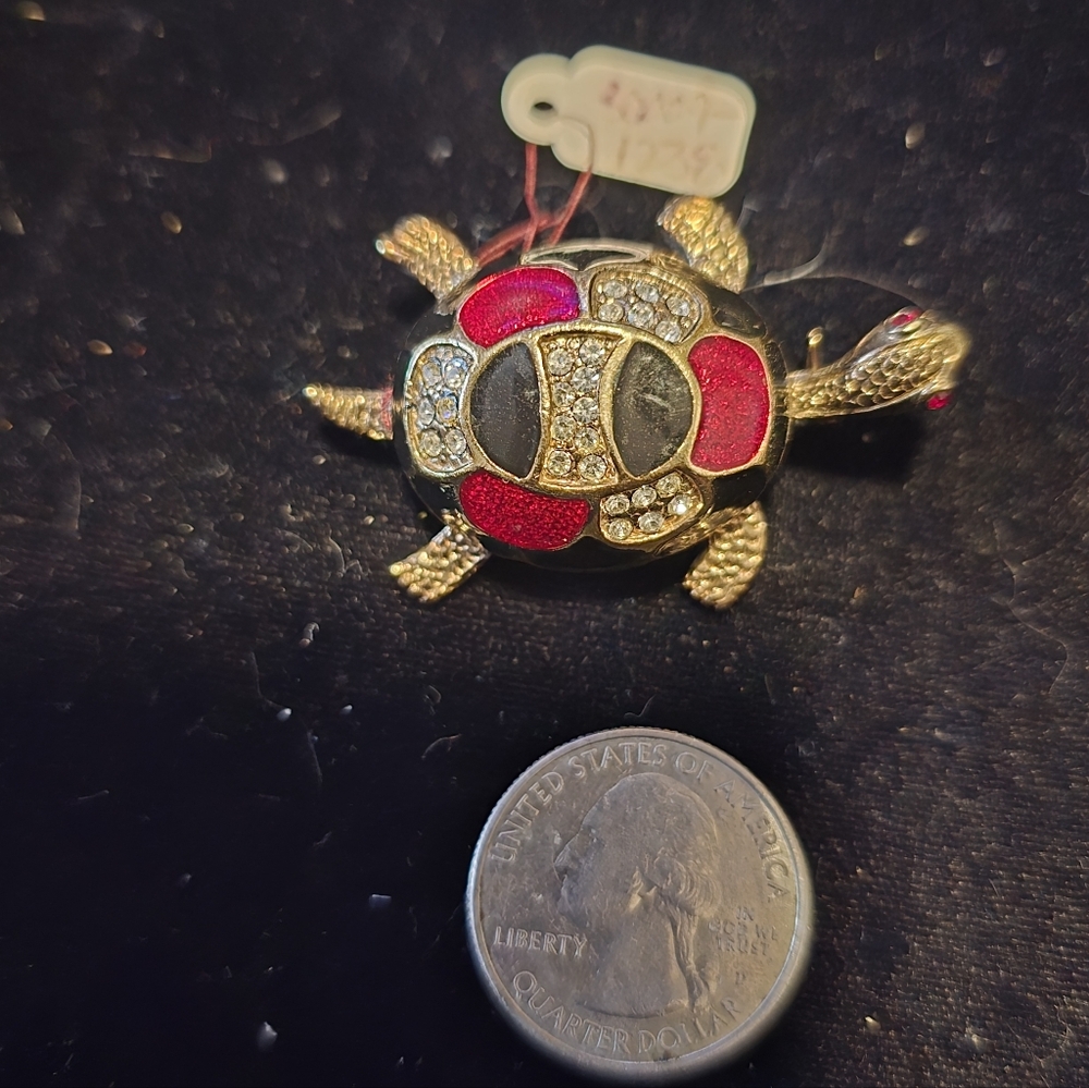 Gold-Tone Turtle Brooch with Red Enamel and Clear Rhinestones - Picture 4 of 5